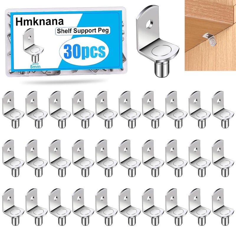 Hmknana 5mm Shelf Support Pegs, Cabinet Shelf Pegs with Hole, L-Shaped Bracket Support Pin, Nickel Plated Shelf Pins for Shelves Furniture Kitchen Bookcase Closet (30Pcs) - Image 1